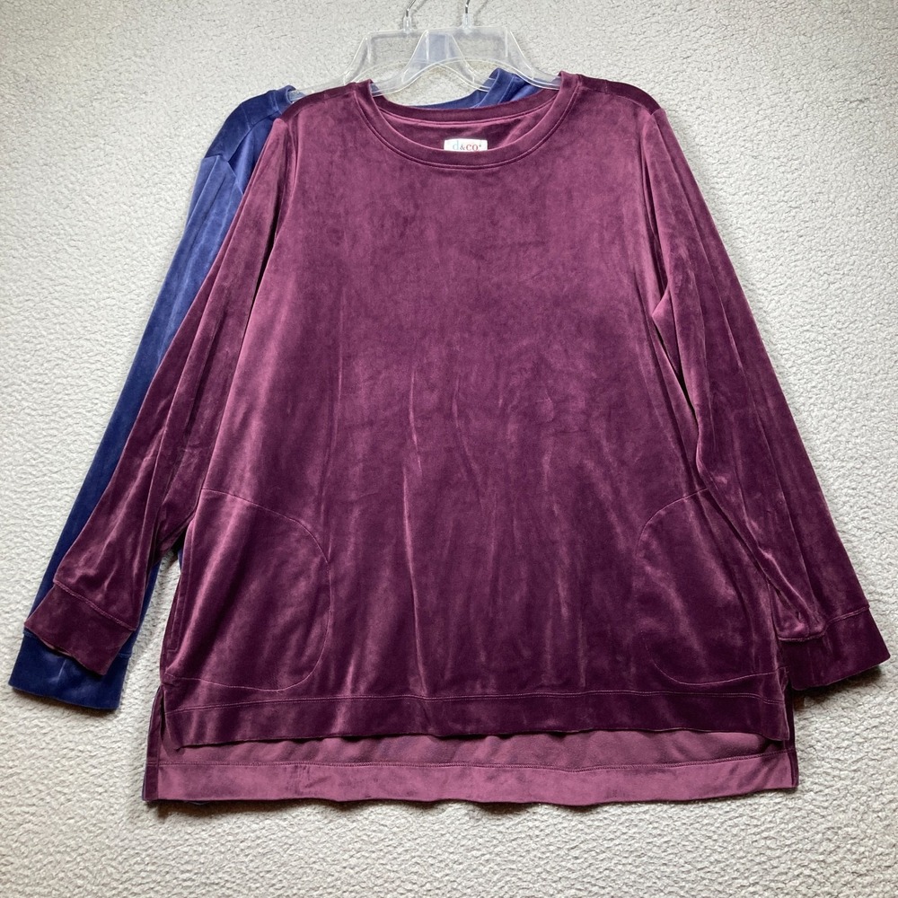 D & Co Velour Tops Womens Plus 1X Lot of 2 Purple Blue Pockets Relaxed Velvet